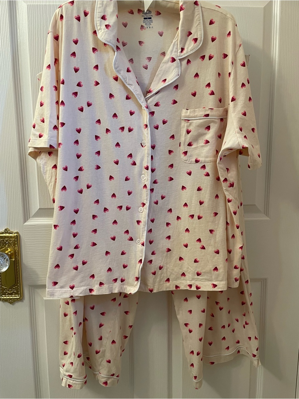 Women’s Fruit of the Loom Light Pink Pajama Set with Pink Heart Print